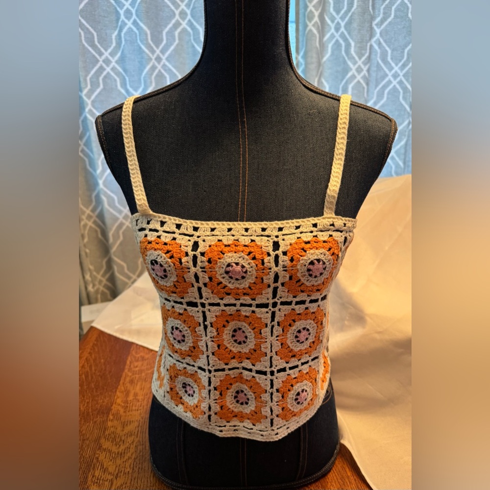 Floral Crochet Camisole - Orange and Cream, Size Small